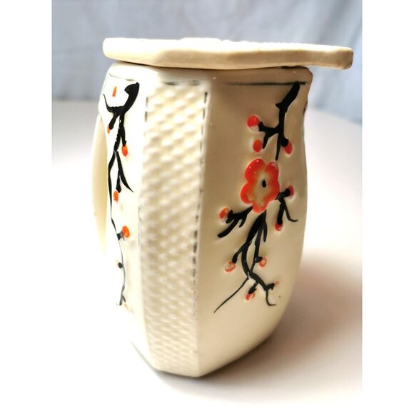 Vtg  60s Japanese Tea Caddy Jar Lidded Octagon Cream Cherry Blossom Sunburst - Picture 3 of 10